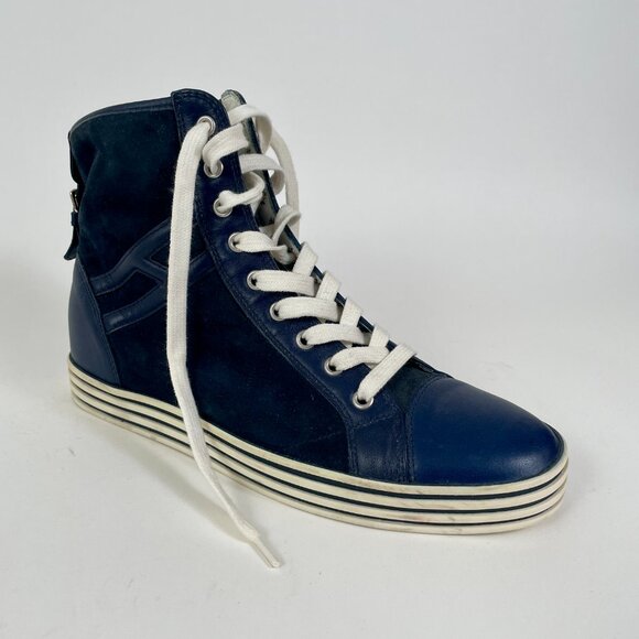 Women's Hogan Rebel R182 High Top Sneakers, Navy Blue Leather/Suede, Size 39 - Picture 5 of 14